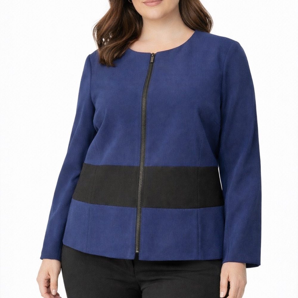 Kasper Suit Jacket Blazer 18W Blue Black Trim Zip Front Classic Stretch NEW
